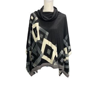 Arielle Cowl Neck Poncho Black Cream Geometric NWT $72 One Size Fits All